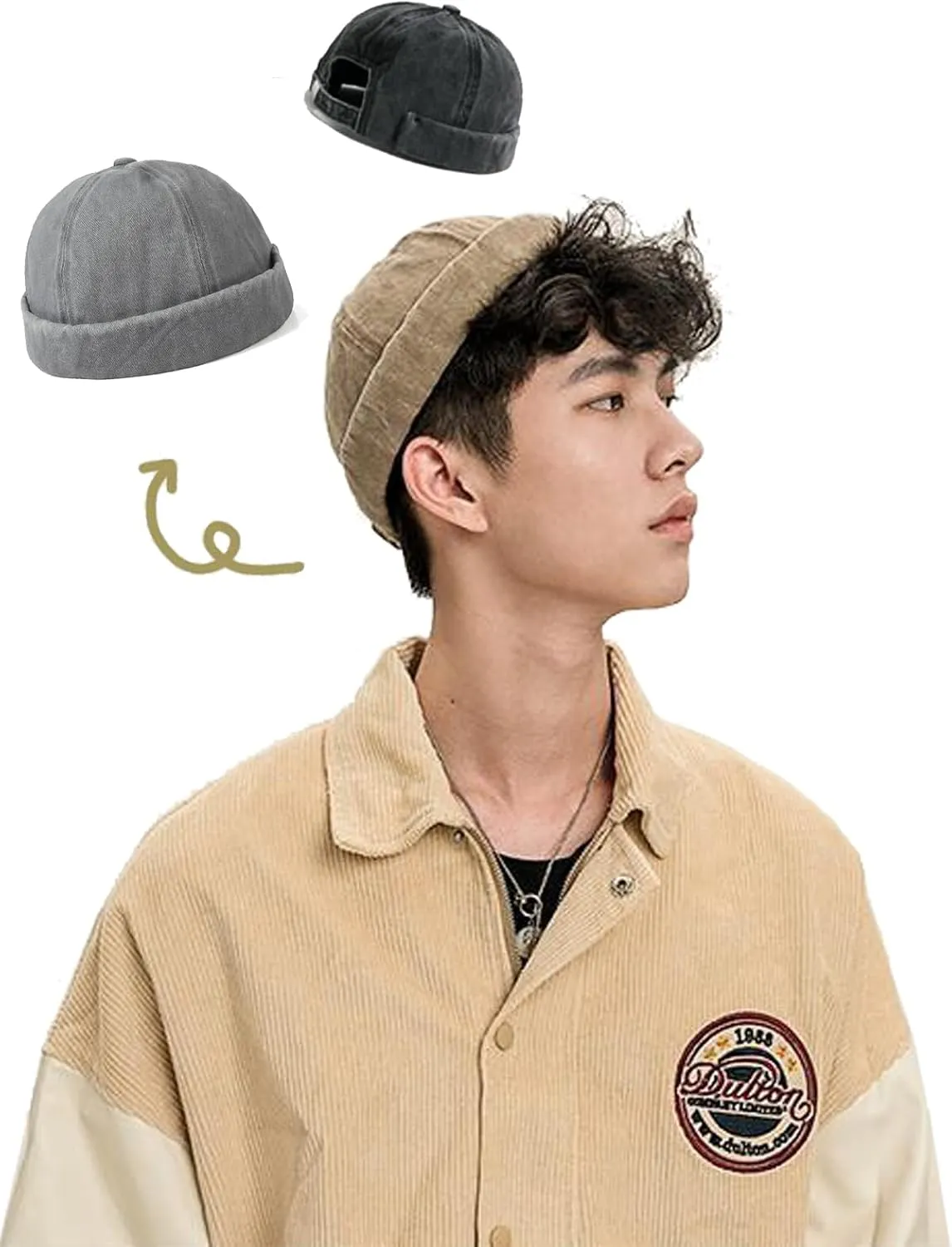 Retro Cotton No Brim Hat Adjustable Rolled Cuff Brimless Beanie Skull Cap