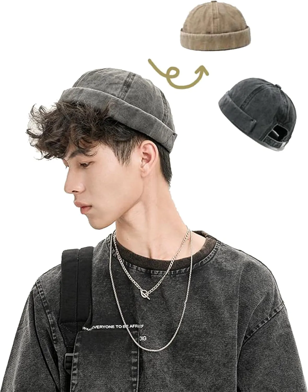 Retro Cotton No Brim Hat Adjustable Rolled Cuff Brimless Beanie Skull Cap
