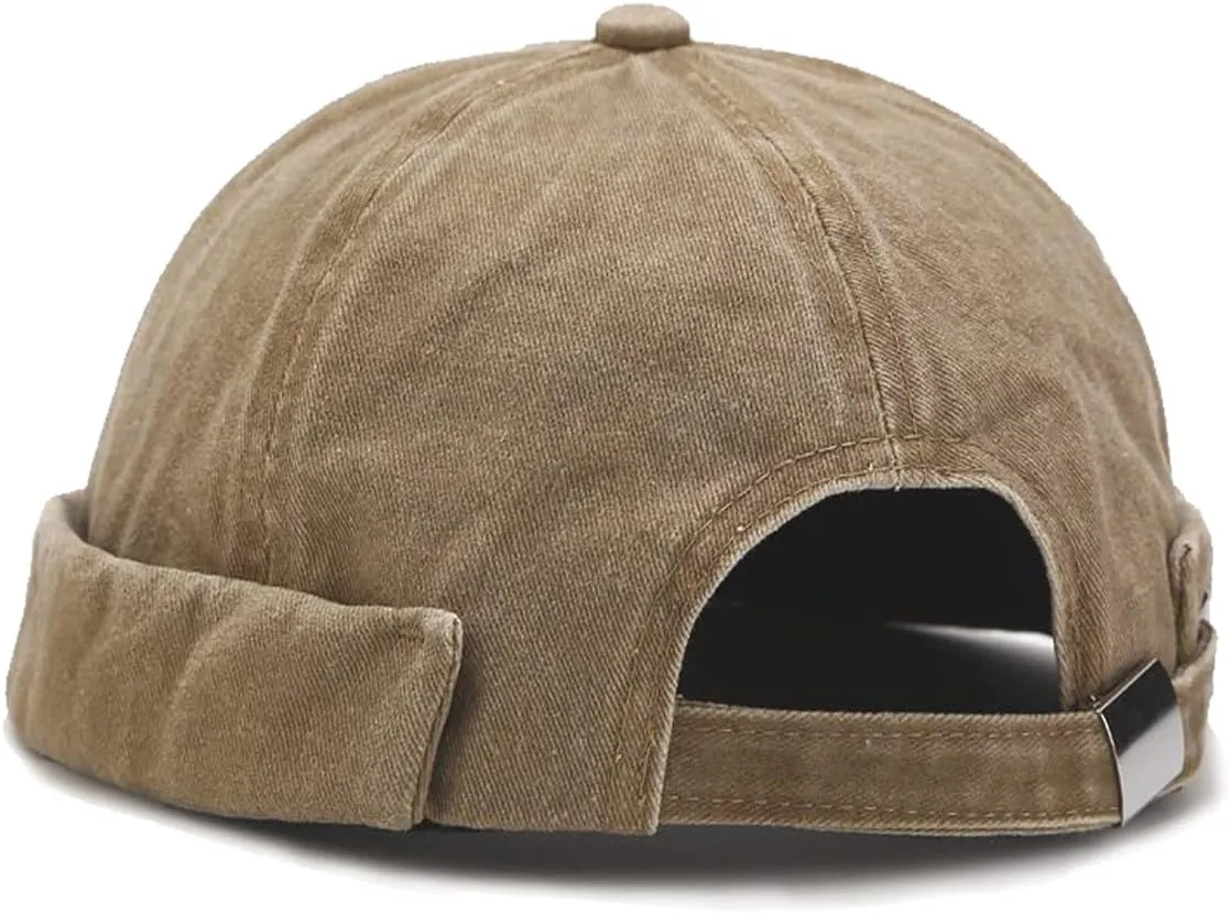 Retro Cotton No Brim Hat Adjustable Rolled Cuff Brimless Beanie Skull Cap