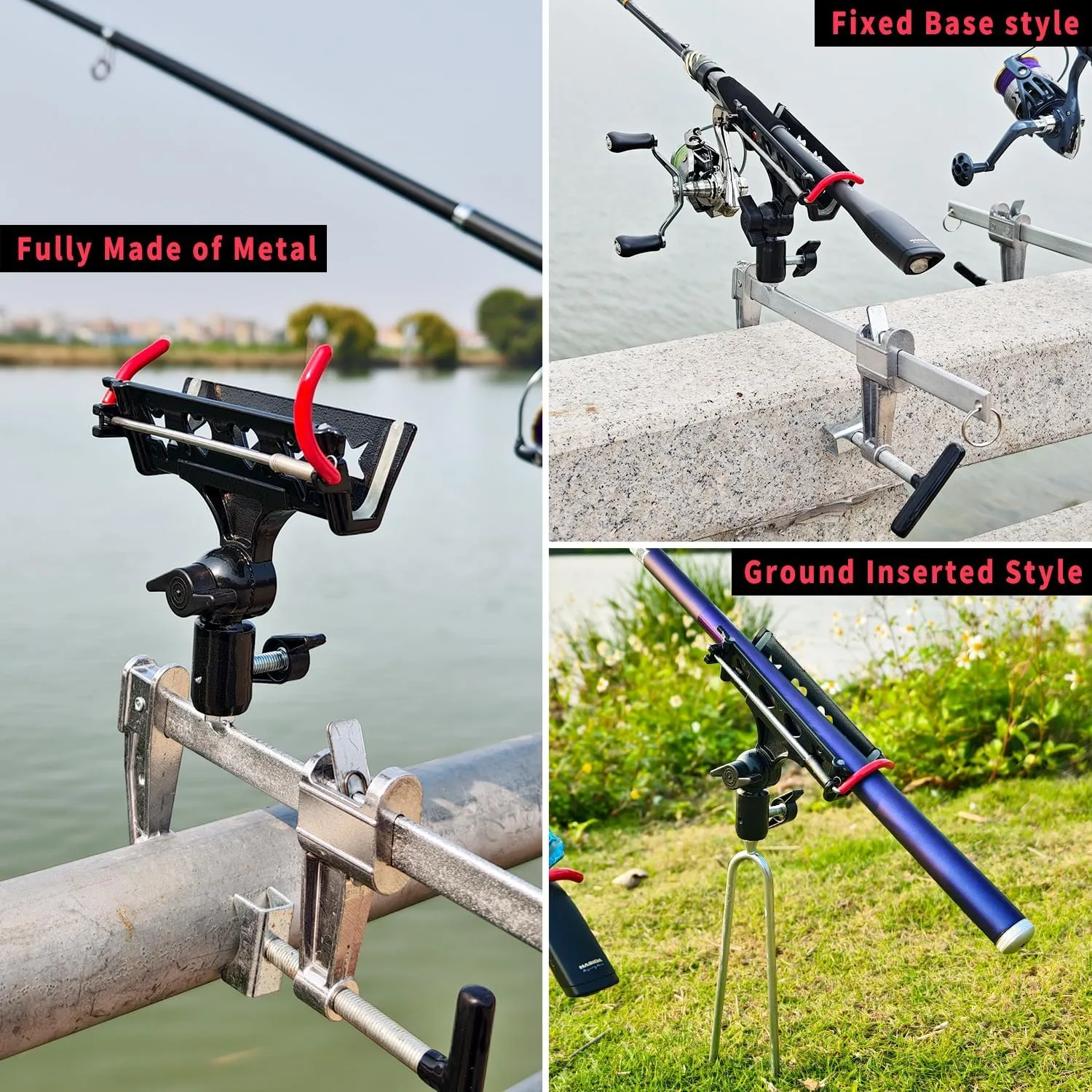 Rod Holders for Fishing Boat & Fishing Rod Holder for Ground, Rod Holders for Bank Fishing, Fishing Rod Holder with Enlarge Clamp & Ground Stake, Fit Round/Square Tube railings & All Kinds of Terrains