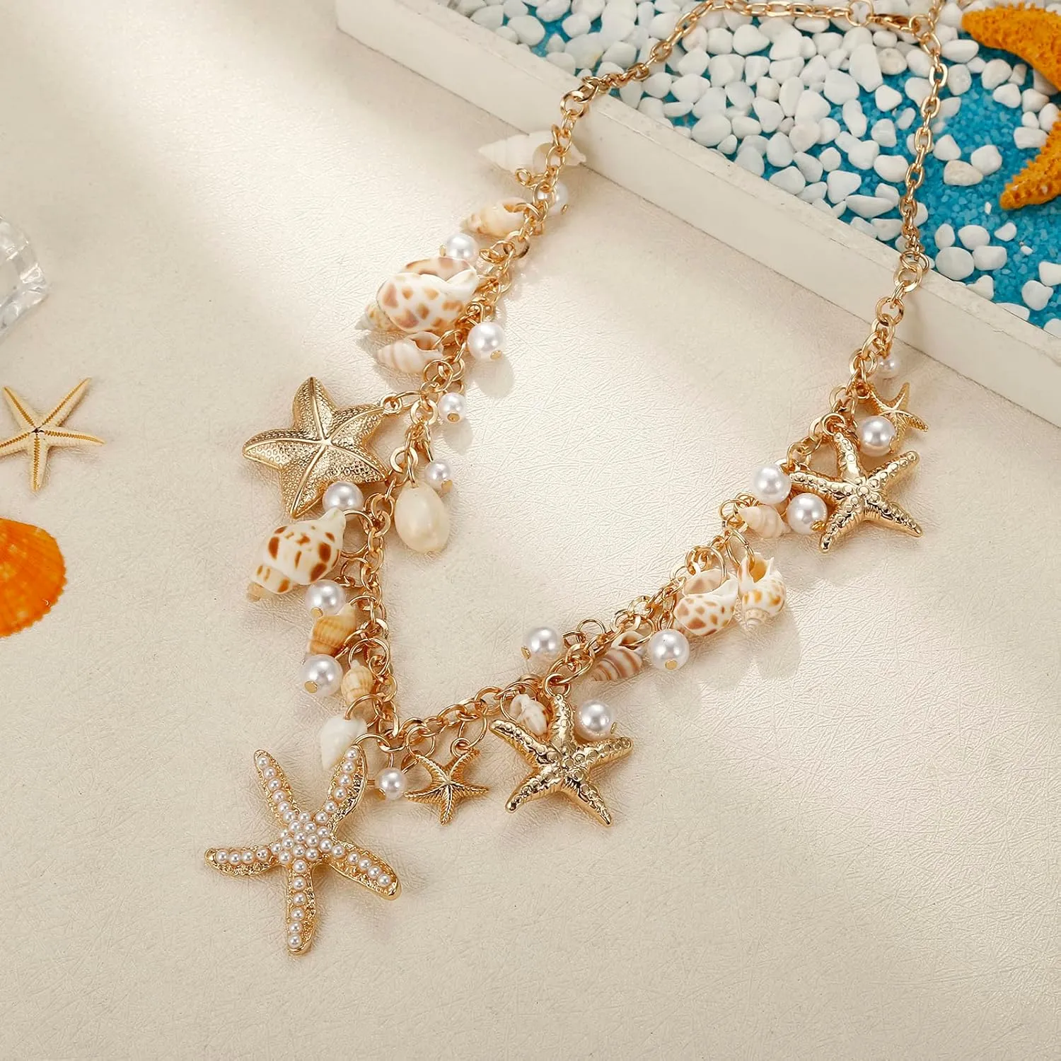 Shell Starfish Necklace Bracelet Conch Statement Chunky Necklace Mermaid Costume Jewelry Beach Jewelry for Women