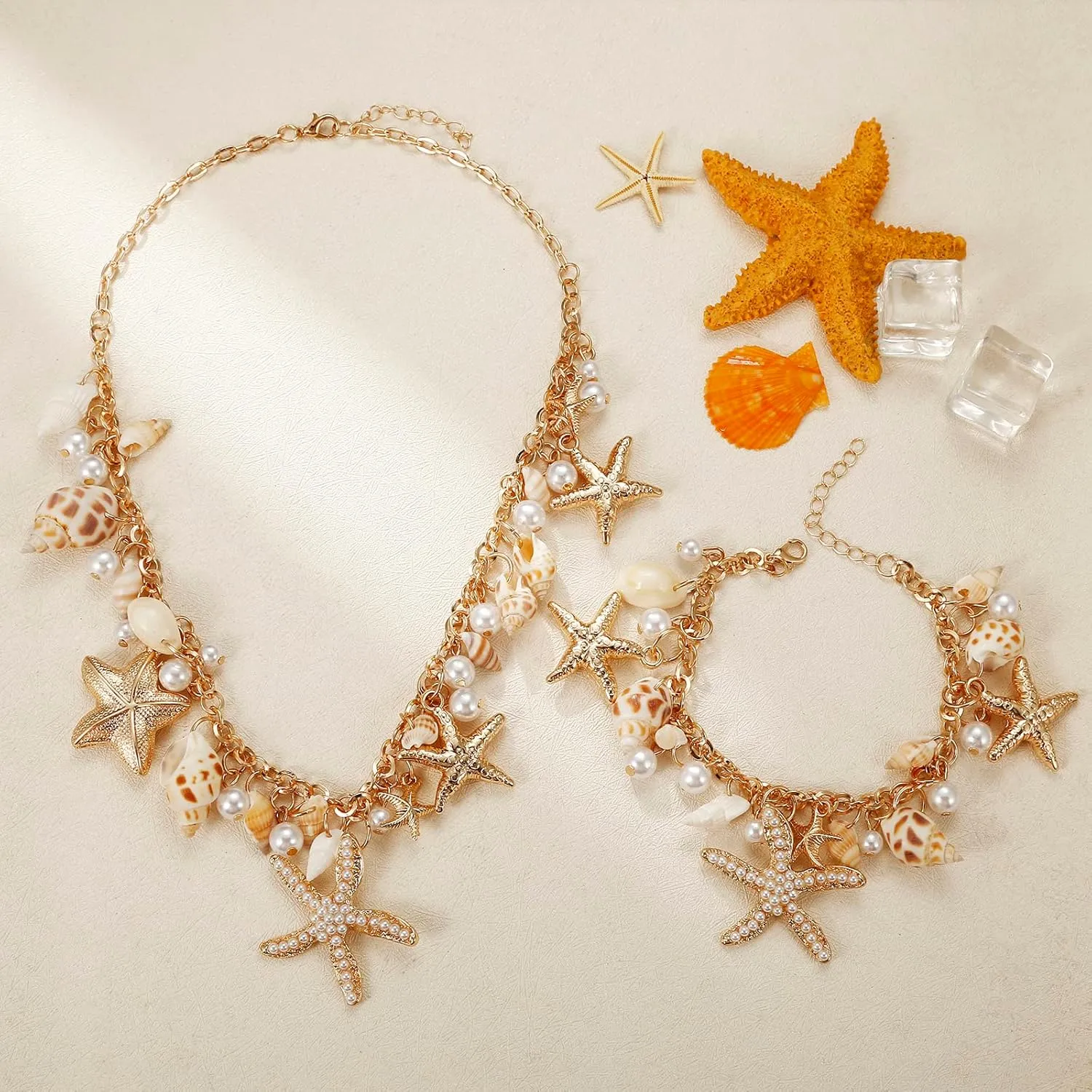 Shell Starfish Necklace Bracelet Conch Statement Chunky Necklace Mermaid Costume Jewelry Beach Jewelry for Women