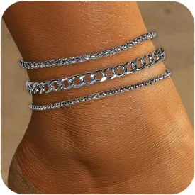 Silver Ankle Bracelets for Women Waterproof Stainless Steel Anklet Adjustable Layered Cuban Silver Anklets Set Summer Beach Foot Jewelry Gift
