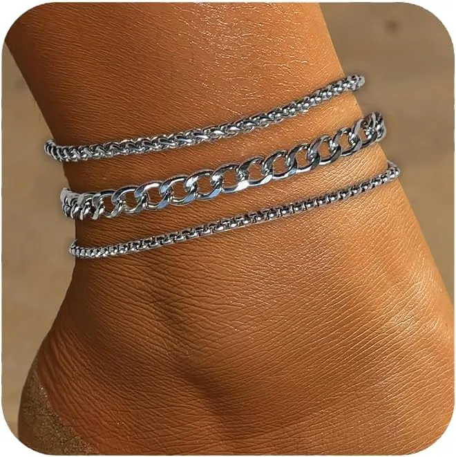 Silver Ankle Bracelets for Women Waterproof Stainless Steel Anklet Adjustable Layered Cuban Silver Anklets Set Summer Beach Foot Jewelry Gift