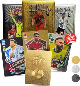 Soccer Trading Cards 2024-25 | 3 Packs - 33 Collectible Cards for Fans & Players Black, Gold & Silver Soccer Mystery Cards Packs Different Cards in Each Set - Try & Collect Them All
