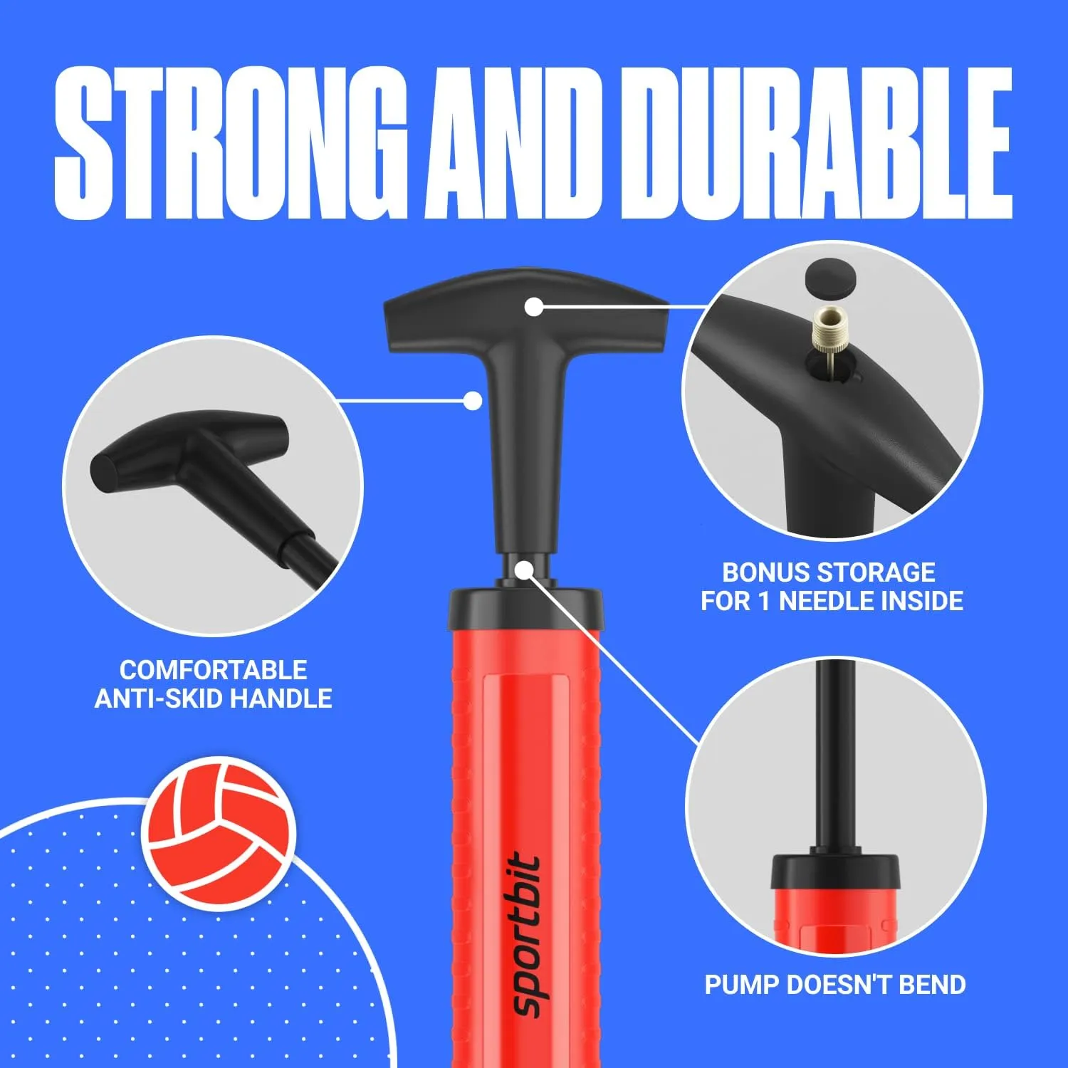 SPORTBIT Ballpump for Sports Balls - Basketball Pump for Sport Balls - Football & Soccer, Basketball, Volleyball Pump, Swim Inflatables - Hand Air Pump with 3 Needles, Nozzle, Extension Hose, Pouch