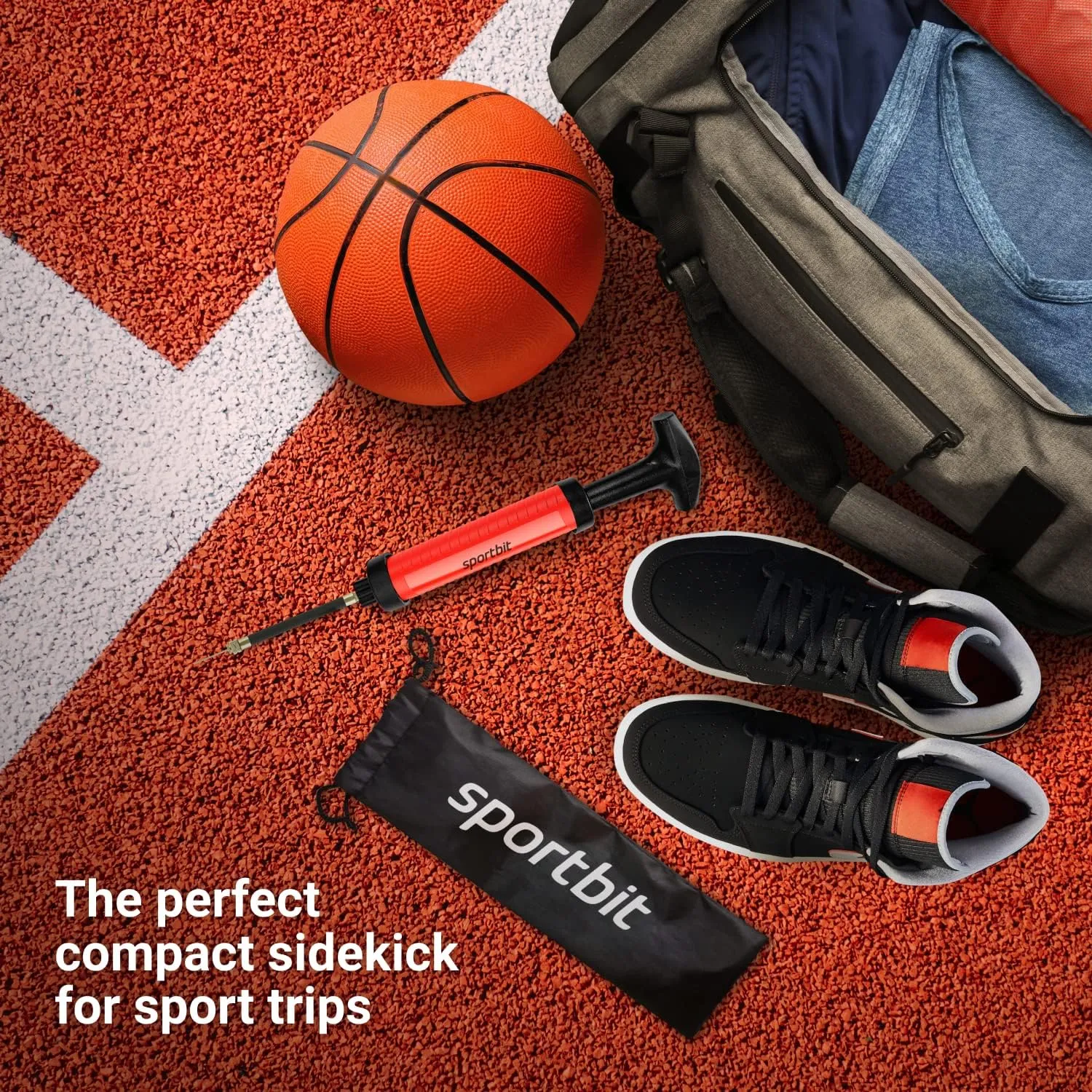SPORTBIT Ballpump for Sports Balls - Basketball Pump for Sport Balls - Football & Soccer, Basketball, Volleyball Pump, Swim Inflatables - Hand Air Pump with 3 Needles, Nozzle, Extension Hose, Pouch