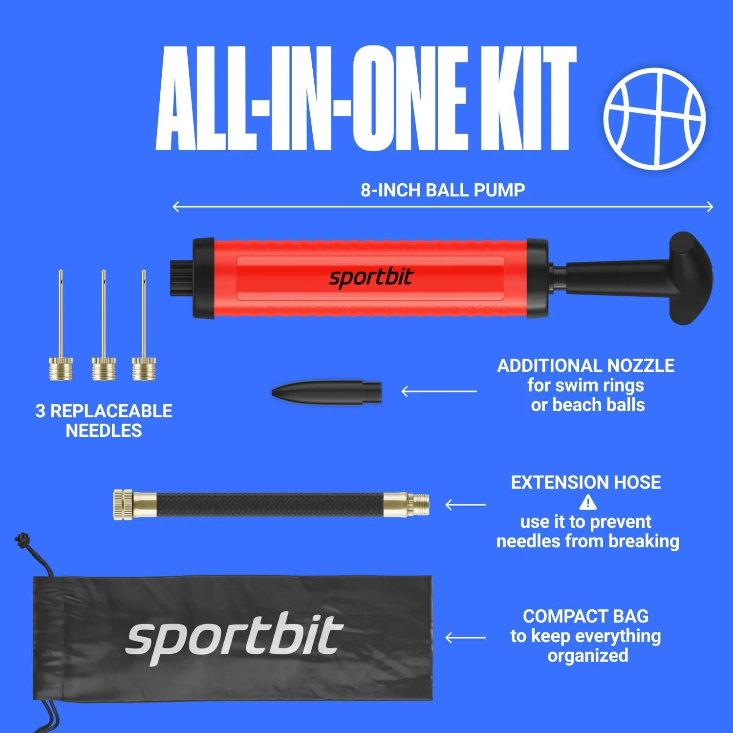 SPORTBIT Ballpump for Sports Balls - Basketball Pump for Sport Balls - Football & Soccer, Basketball, Volleyball Pump, Swim Inflatables - Hand Air Pump with 3 Needles, Nozzle, Extension Hose, Pouch