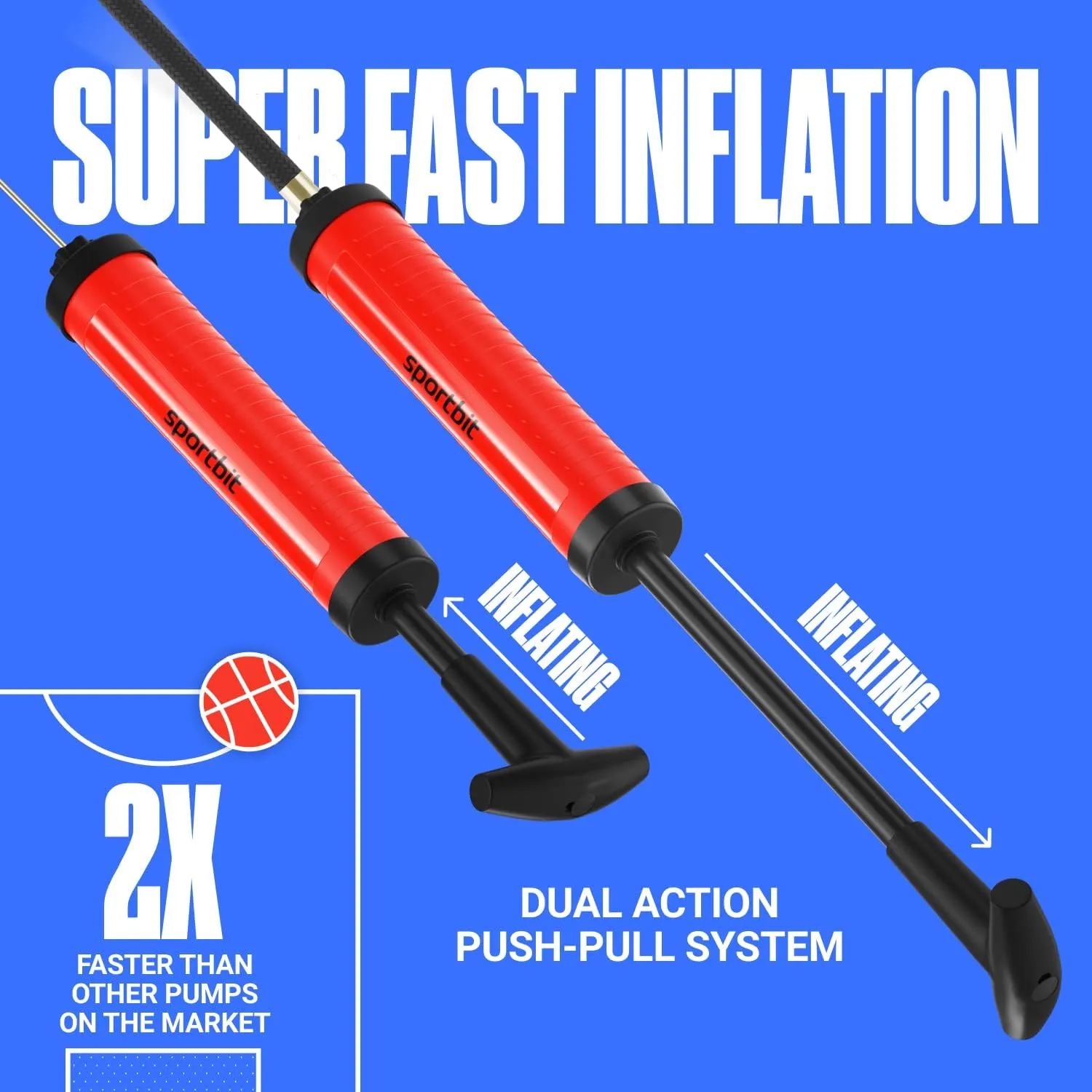 SPORTBIT Ballpump for Sports Balls - Basketball Pump for Sport Balls - Football & Soccer, Basketball, Volleyball Pump, Swim Inflatables - Hand Air Pump with 3 Needles, Nozzle, Extension Hose, Pouch