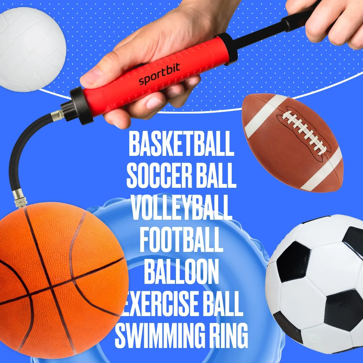 SPORTBIT Ballpump for Sports Balls - Basketball Pump for Sport Balls - Football & Soccer, Basketball, Volleyball Pump, Swim Inflatables - Hand Air Pump with 3 Needles, Nozzle, Extension Hose, Pouch