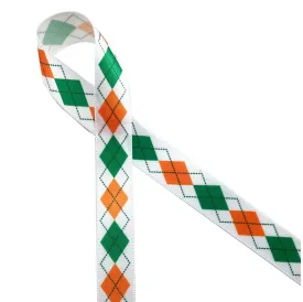 St. Patricks Day Irish Argyle Ribbon  in green, orange and black printed on 5/8" white single face satin
