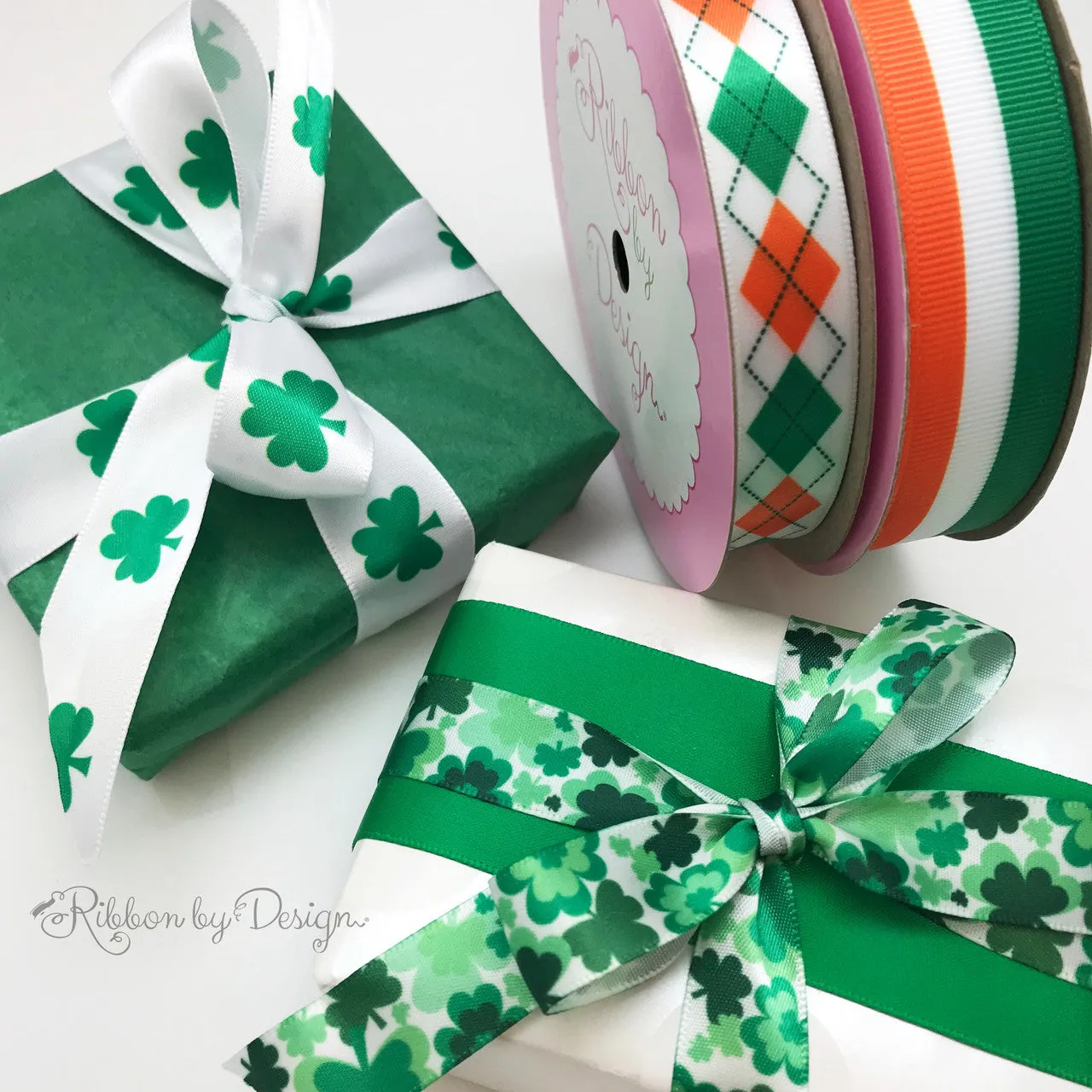 St. Patricks Day Irish Argyle Ribbon  in green, orange and black printed on 5/8" white single face satin