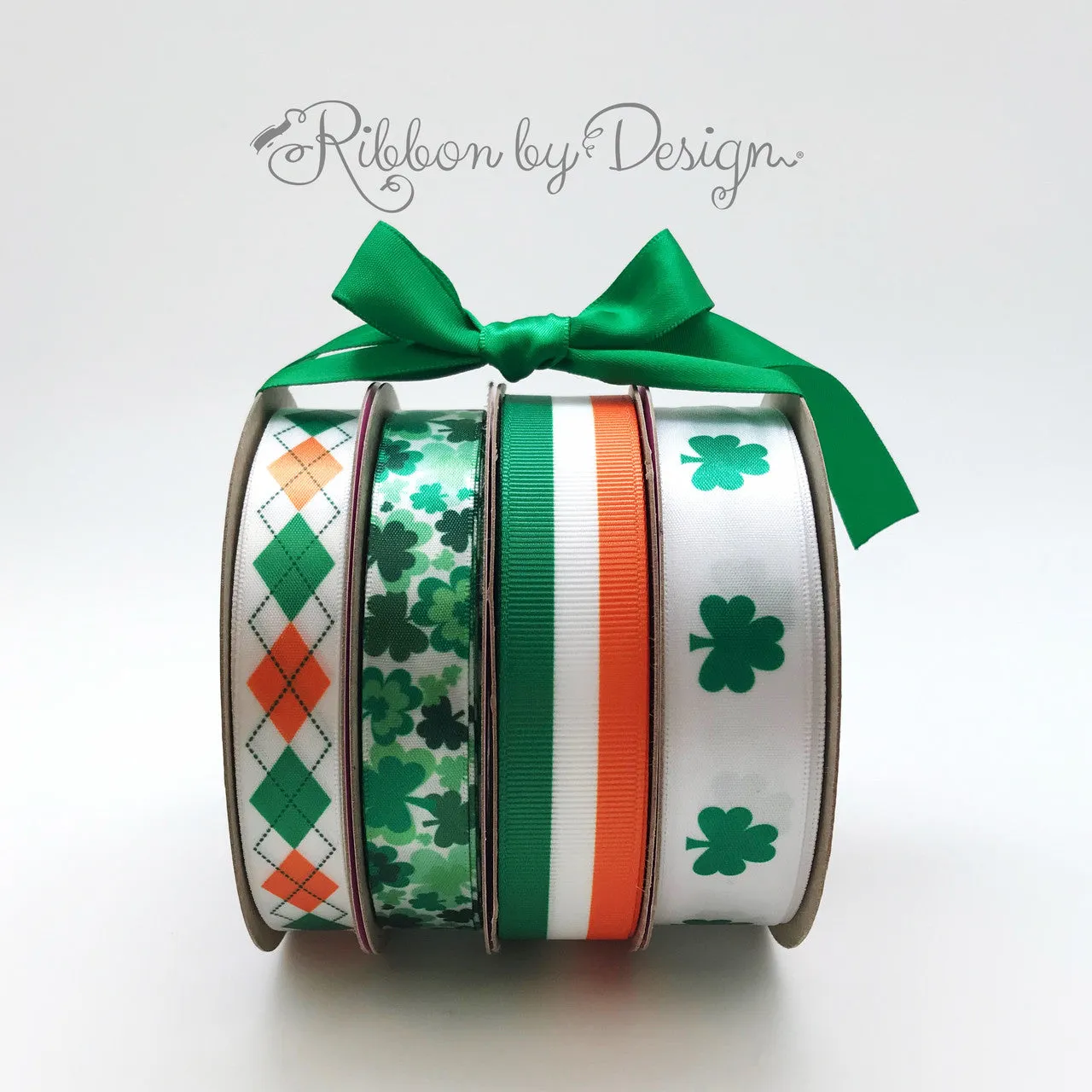 St. Patricks Day Irish Argyle Ribbon  in green, orange and black printed on 5/8" white single face satin
