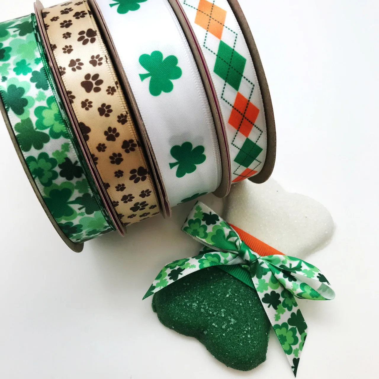 St. Patricks Day Irish Argyle Ribbon  in green, orange and black printed on 5/8" white single face satin