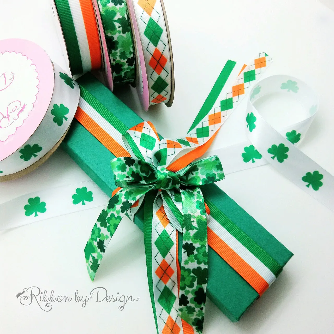 St. Patricks Day Irish Argyle Ribbon  in green, orange and black printed on 5/8" white single face satin
