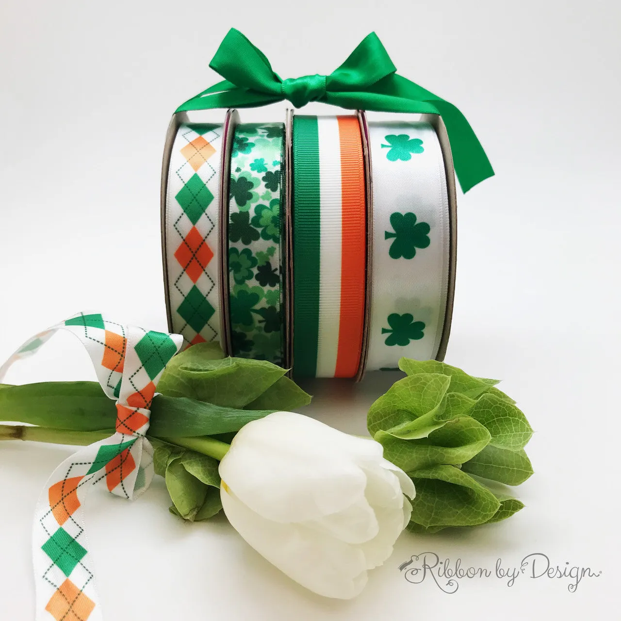 St. Patricks Day Irish Argyle Ribbon  in green, orange and black printed on 5/8" white single face satin