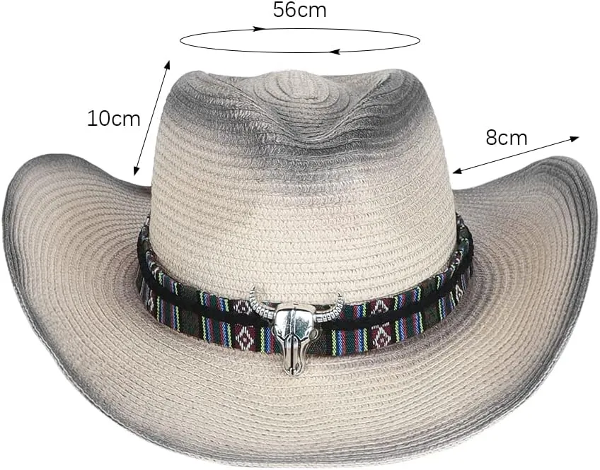 Straw Cowboy Sun Hat for Men Women Cowgirl Summer Fedora Beach Panama Western Cap UPF 50  Shapeable Brim Cap with Bull Belt