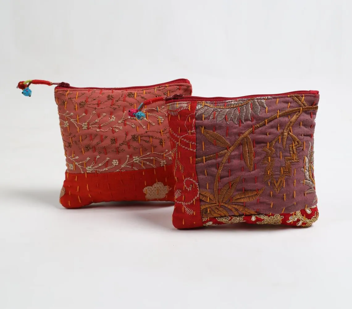 Upcycled Fabric Patchwork Pouches with Kantha Embroidery (set of 2)_1