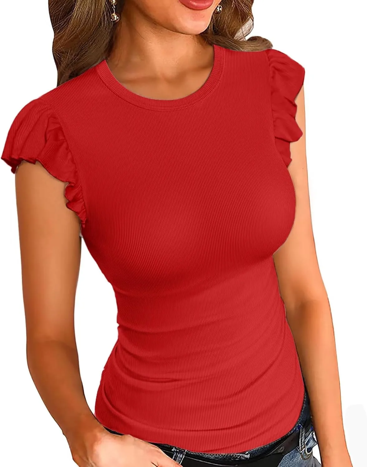 VICHYIE Summer Womens Shirt Short Ruffle Sleeve V Neck/Round Neck Ribbed Casual Tshirt Fitted Tops Blouses