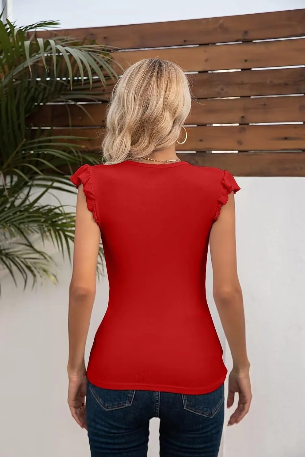 VICHYIE Summer Womens Shirt Short Ruffle Sleeve V Neck/Round Neck Ribbed Casual Tshirt Fitted Tops Blouses