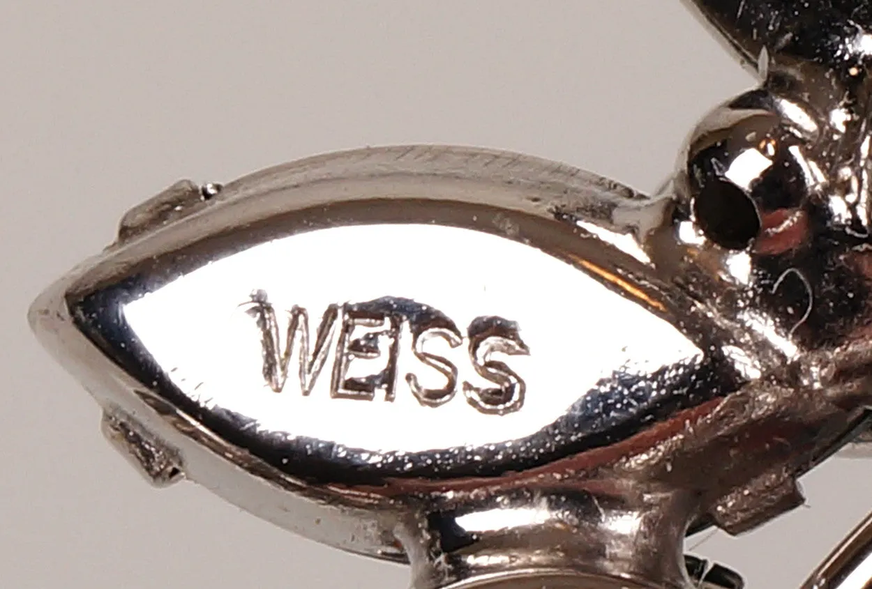 Weiss 50s Vintage Rhinestone Brooch Ice Blue & Green Stones on Silver Rhodium Setting