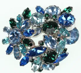 Weiss 50s Vintage Rhinestone Brooch Ice Blue & Green Stones on Silver Rhodium Setting