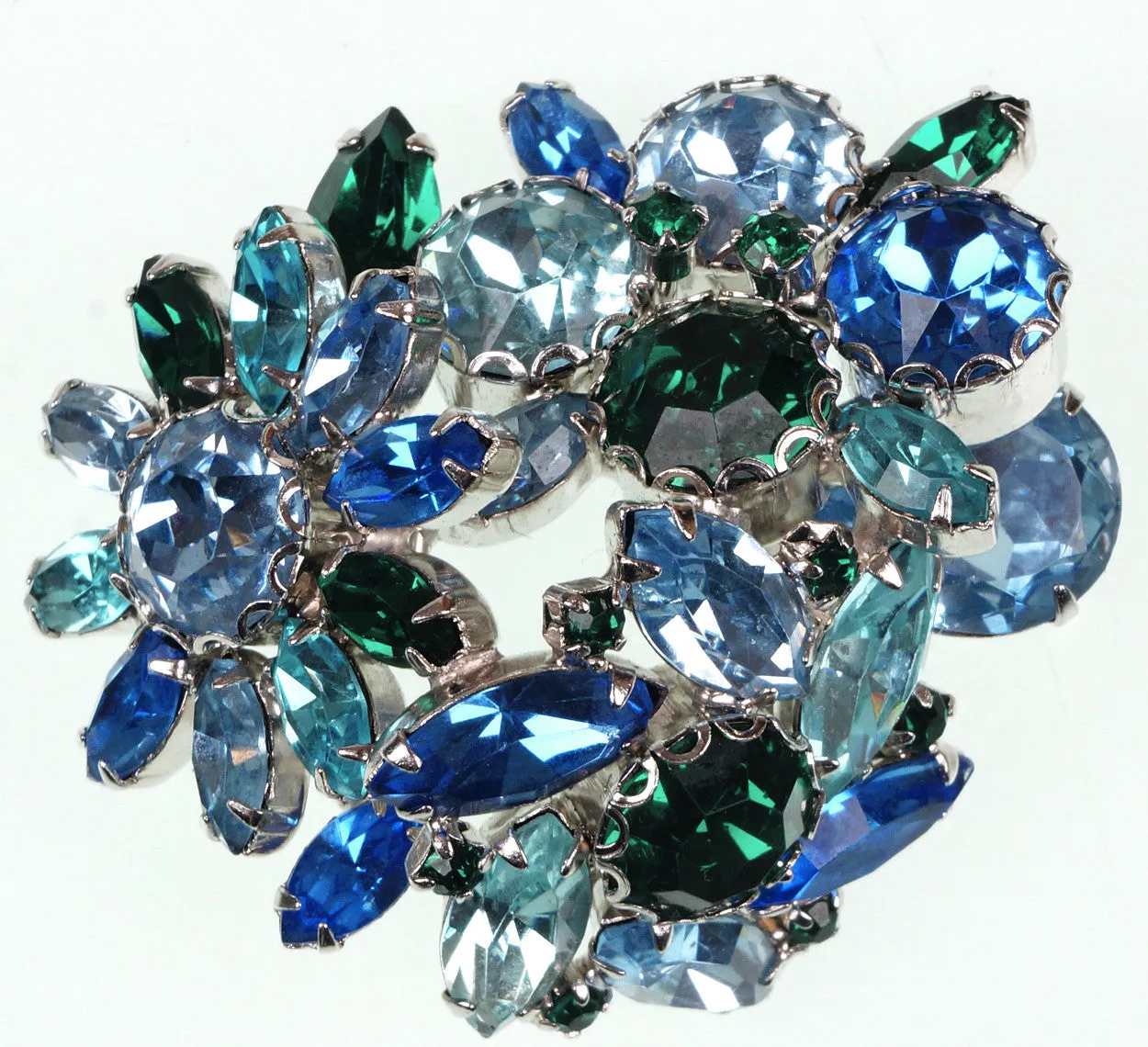 Weiss 50s Vintage Rhinestone Brooch Ice Blue & Green Stones on Silver Rhodium Setting