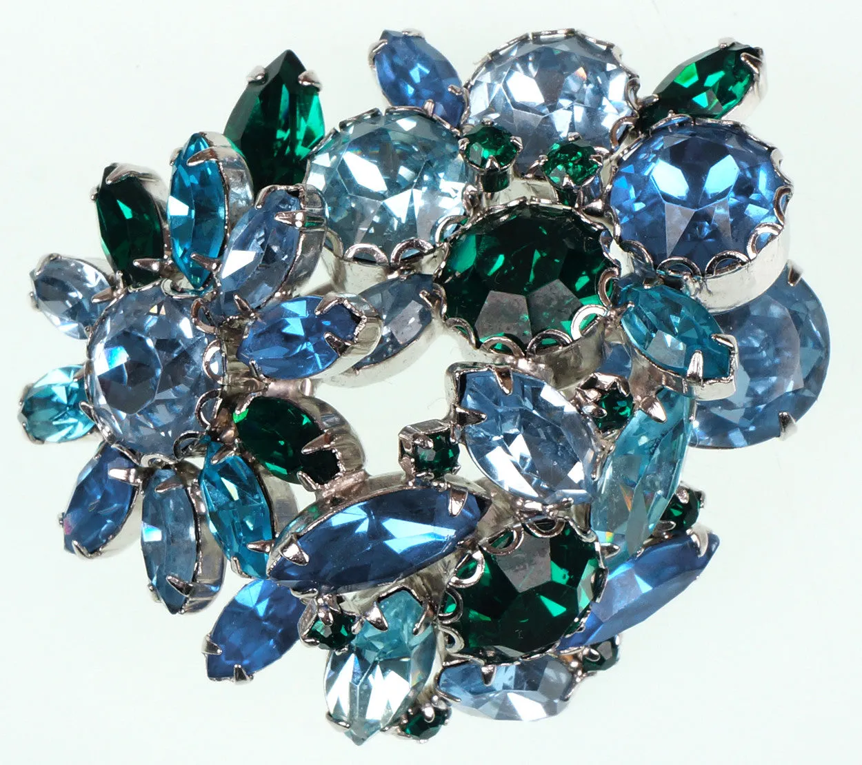 Weiss 50s Vintage Rhinestone Brooch Ice Blue & Green Stones on Silver Rhodium Setting