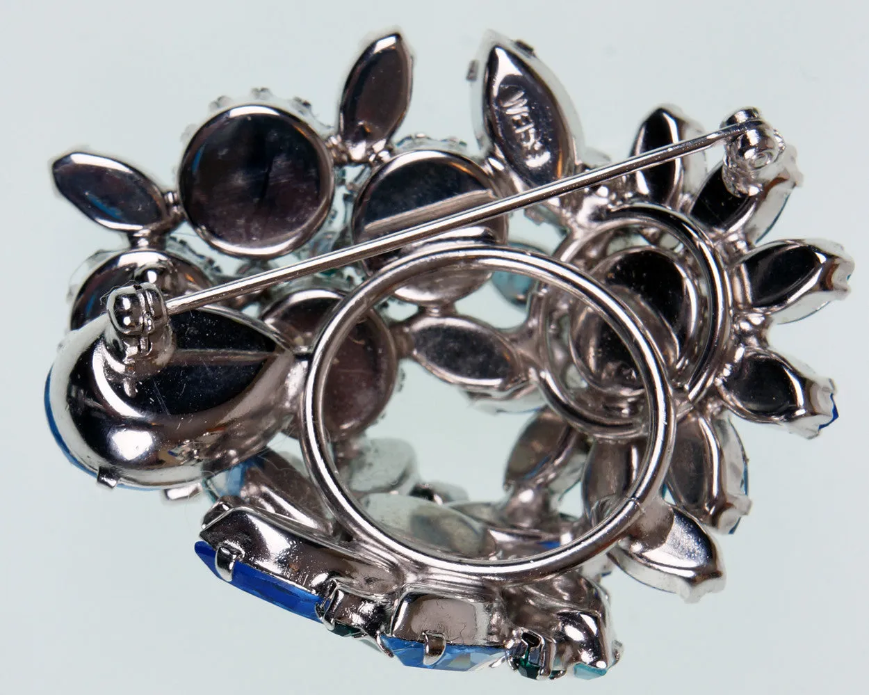 Weiss 50s Vintage Rhinestone Brooch Ice Blue & Green Stones on Silver Rhodium Setting