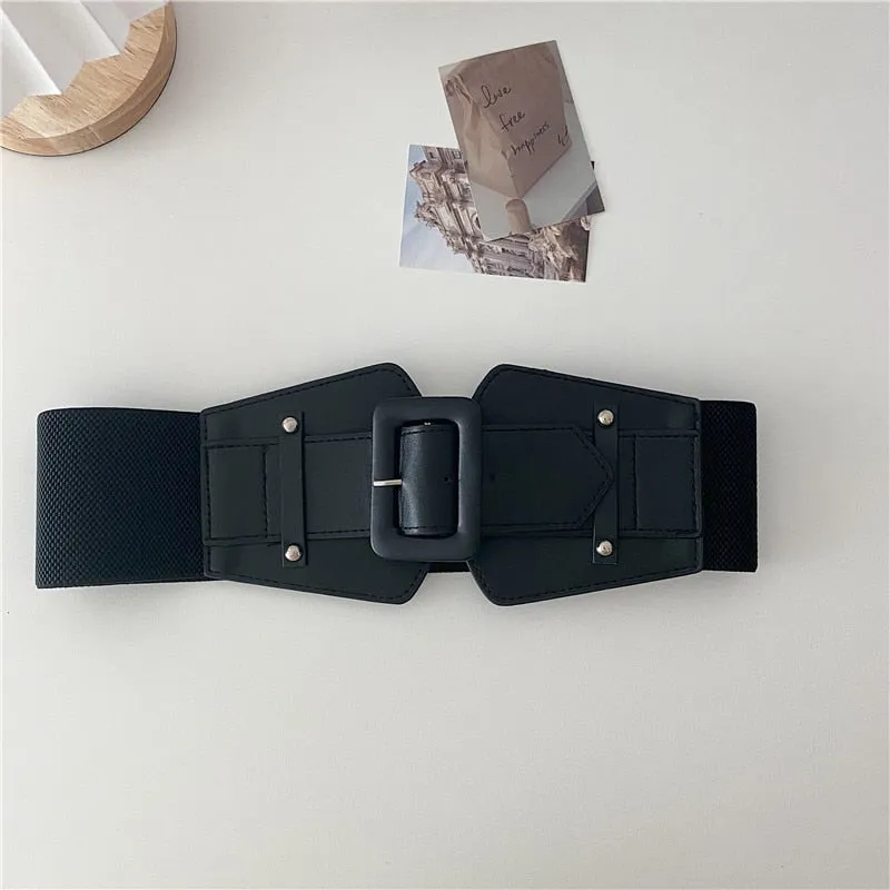 Wide Elastic Leather Waistband Belt