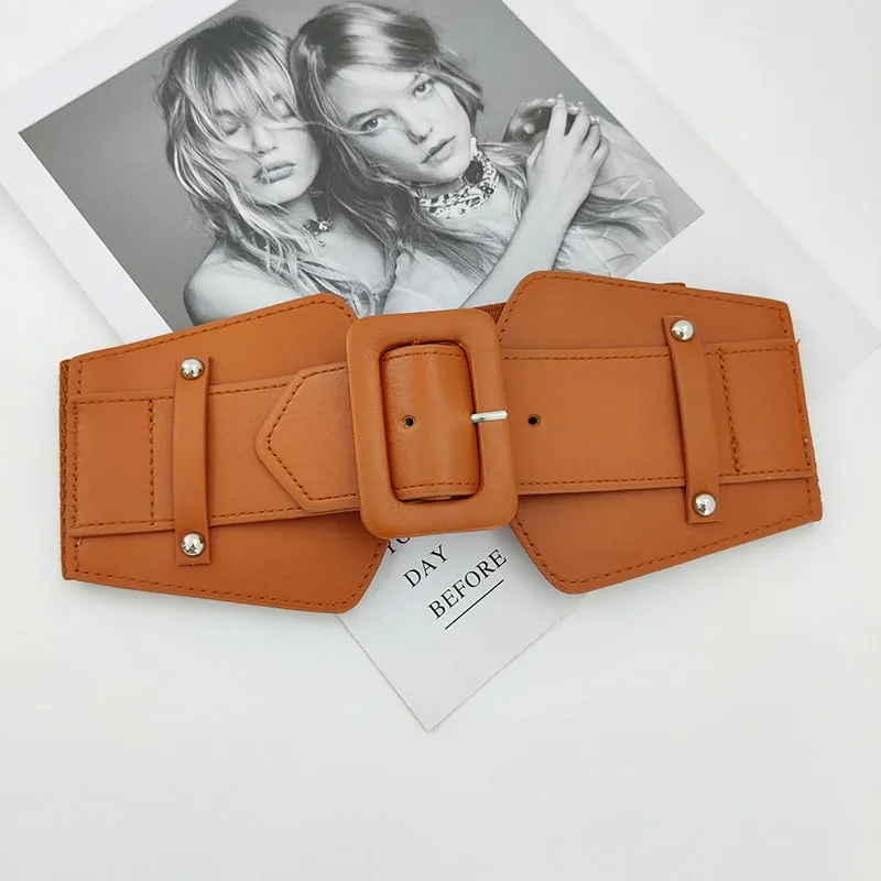 Wide Elastic Leather Waistband Belt