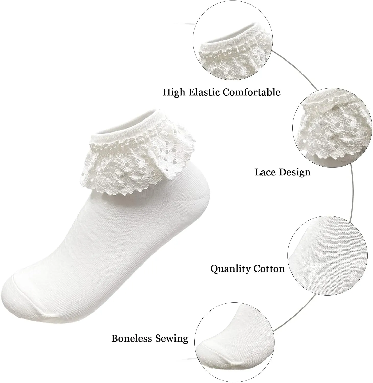 Women High Ankle Lace Socks, Bridal Ruffle Frilly School Girl Princess Dress Sock with Lace Trim For Lolita/Jk W-811