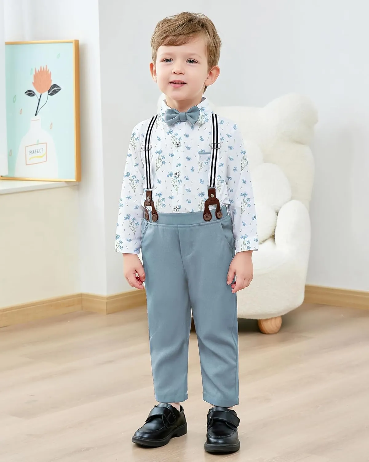 ZOEREA Toddler Baby Boy Suit Clothes Gentleman Wedding Outfits Long Sleeve Dress Shirt   Suspender Pants   Bowtie 1-5T
