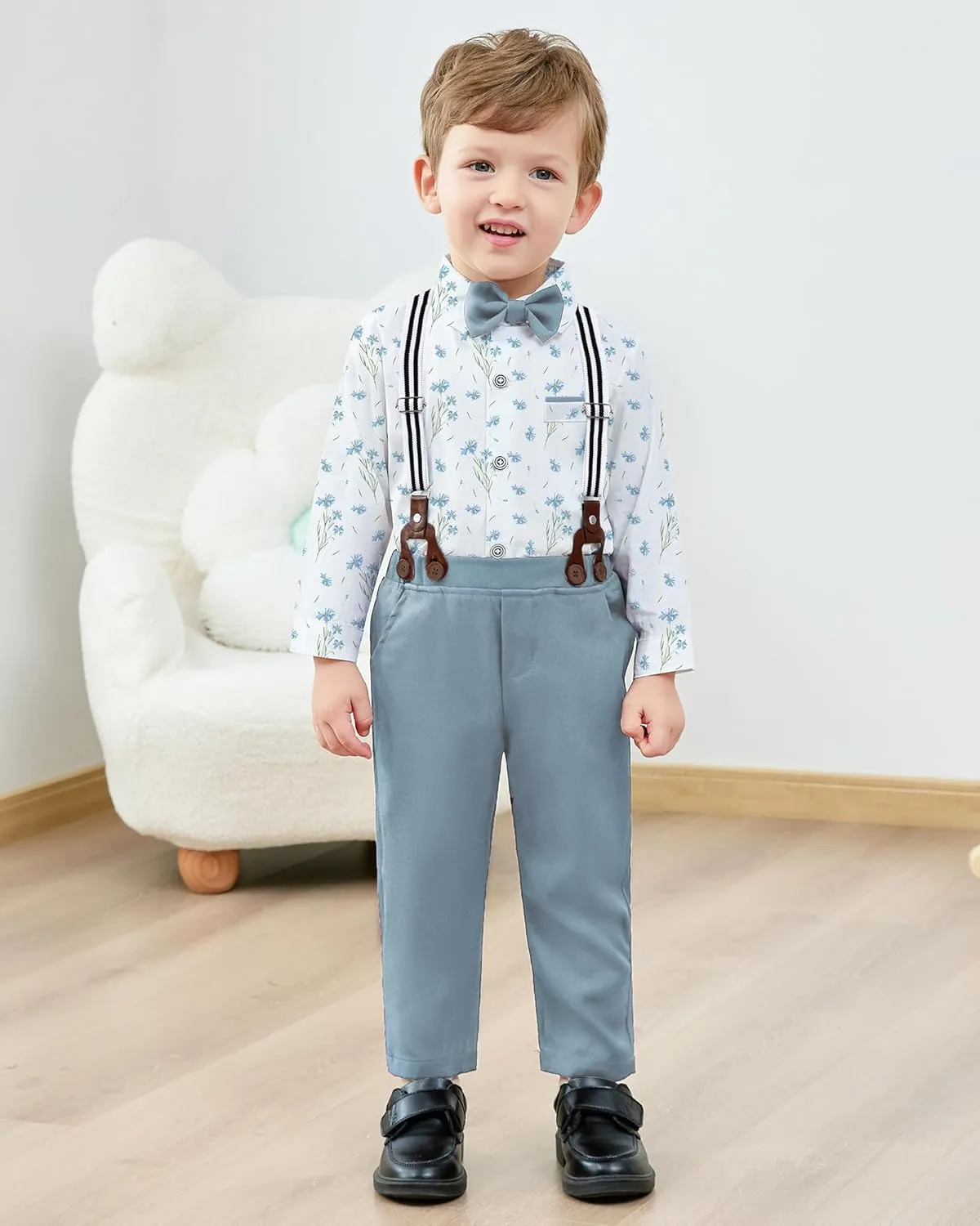 ZOEREA Toddler Baby Boy Suit Clothes Gentleman Wedding Outfits Long Sleeve Dress Shirt   Suspender Pants   Bowtie 1-5T